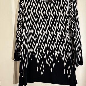 Rafaella Women's Black and White 3/4 Sleeve Asymmetrical Knit Top, Size L